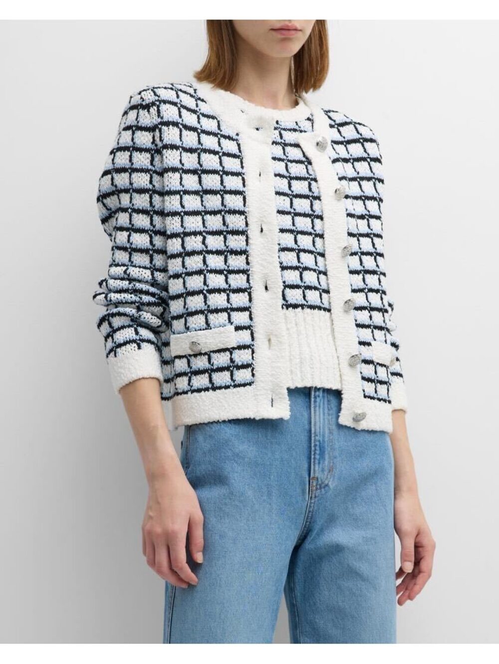 Veronica Beard Lavigne Check Knit Jacket Cardigan White Blue Button Front Size M